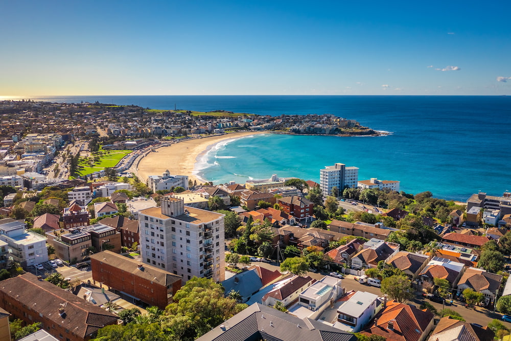 Bondi Beach Sydney Australia. Aerial drone photo of famous Bondi beach in South area of Sydney in New South Wales.